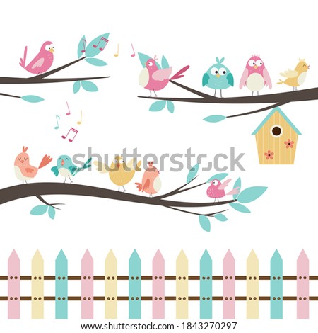 Vector set with cute singing birds sitting on tree branches, birdhouse, colorful fence.