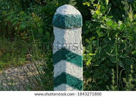 one striped concerte signal pole among the green vegetation in the forest