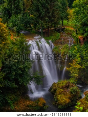 Waterfall Hrvoje in Village of Rastoke river canyon, Slunj, Croatia. August 2020. Long exposure picture.