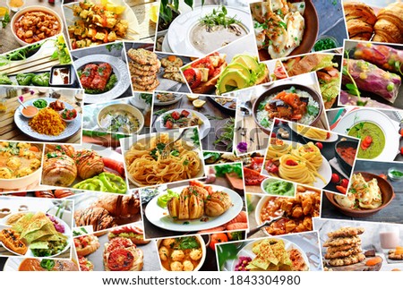 Collage of many popular all over the world breakfasts, lunches and snacks. Collage of different assortment of food. Royalty-Free Stock Photo #1843304980