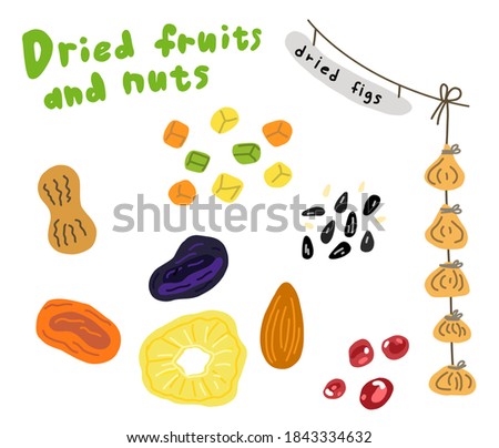 Dried fruits and nuts sketch. Prunes dried apricots and pineapple. Hand drawn. Vector cartoon illustration. Street market. Royalty-Free Stock Photo #1843334632