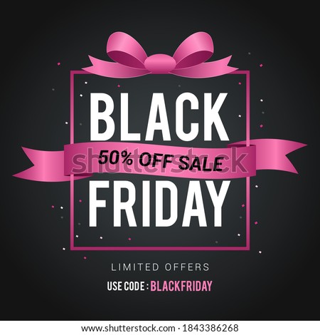 Black Friday Sale Vector illustration. Pink ribbon bow with gift box frame on black background