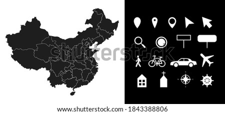 Map of China administrative regions departments with icons. Map location pin, arrow, looking glass, signboard, man, bicycle, car, airplane, house. Royalty free outline Chinese vector map.