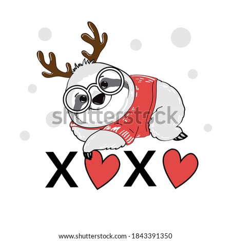 Vector illustration with christmas sloth with deer antlers and inscription xo xo