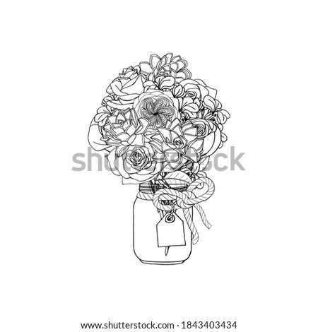 Hand drawn doodle style  line art bouquet of different flowers, succulent, rose, stock flower. isolated on white background.