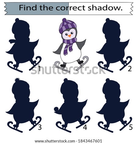Educational game for children. Find the correct shadow. Penguin ice skating. Hand drawn. Colored vector illustration.