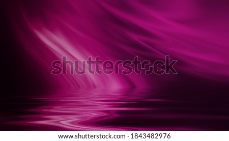 Abstract dark futuristic background. Purple neon beams bounce off the water. Background of empty stage show, beach party. 3d illustration
