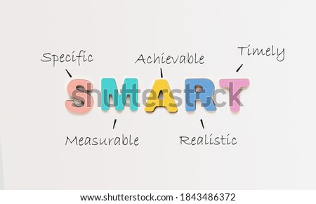 Goals Setting And Planning. Colorful Word Smart As Acronym Of Different Words Over White Background. Set And Achieve Your Goal, Motivational Banner. Panorama, Top View