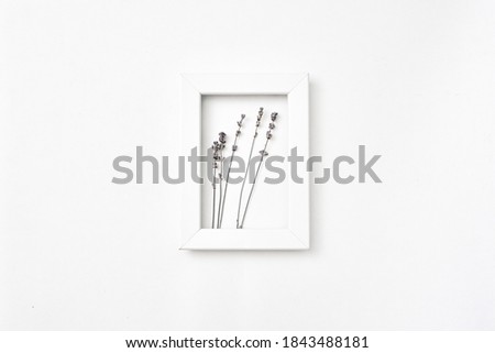 White frame on a white background and dry lavender. Copy space flat lay top view.