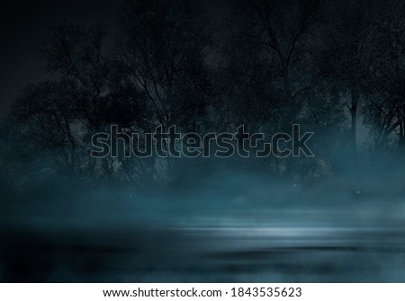 Dark gloomy forest. Night in the forest. Nature scene with forest and moonlight. Night view of the forest, nature, fog, smog, smoke.