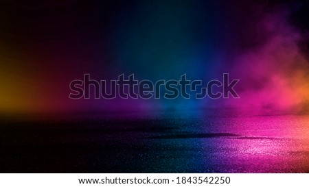 Wet asphalt, night view, neon reflection on the concrete floor. Night empty stage, studio. Dark abstract background. Product Showcase Spotlight Background. Royalty-Free Stock Photo #1843542250