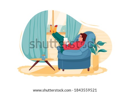 Young man reading a book in cozy living room Illustration