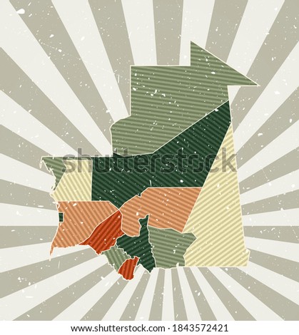 Mauritania vintage map. Grunge poster with map of the country in retro color palette. Shape of Mauritania with sunburst rays background. Vector illustration.