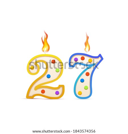 Twenty seven years anniversary, 27 number shaped birthday candle with fire isolated on white