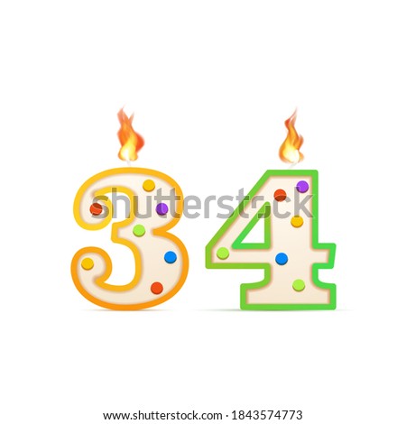 Thirty four years anniversary, 34 number shaped birthday candle with fire isolated on white