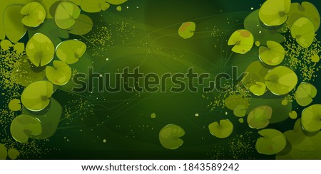 Swamp or lake top view with nenuphars or water lily pads. Natural background with deep marsh and lotus leaves, wild pond covered with duckweed and green waterlily plants, Cartoon vector illustration Royalty-Free Stock Photo #1843589242