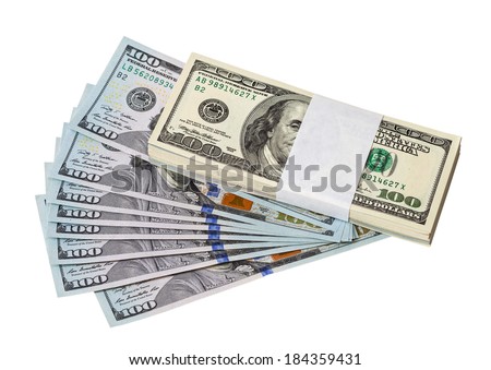 Pile of one hundred dollar bills isolated on white background