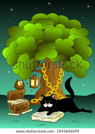 A black cat lies under a tree and reads a book. Russian tales. Lukomorye Royalty-Free Stock Photo #1843606099