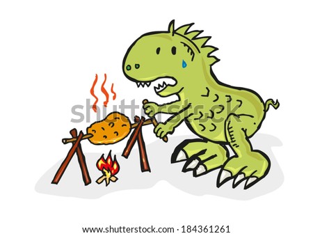 Dinosaur cooks a Barbecue doodle artwork. EPS10 Editable Clip Art. 