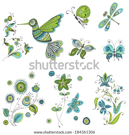 Spring & Summer Doodles - bird, butterflies, flowers - hand drawn - in vector