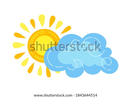 Sun with cloud cartoon style. Abstract flat sun colors hand drawn symbol. Cute bright nature weather element. Meteorological infographics for print, card, fabric. Isolated vector