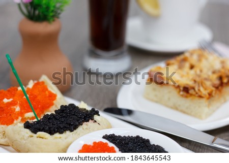 Dessert food set on wooden table.
