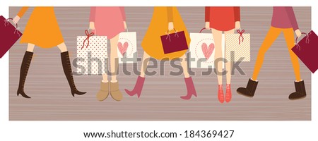 The colorful vector illustration of woman with shopping bags. Spring and summer sales.
