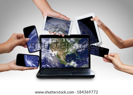 Computer laptop smart phone tablet and touch pad connecting concept, Elements of this image furnished by NASA