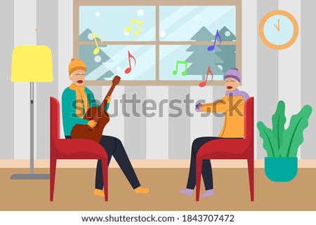 Senior couple vector concept: Senior couple singing a song together while playing guitar at home with winter background on the window