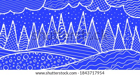 Abstract vector illustration. Stylization of a winter landscape: snowdrifts, trees, sky. Original textures.