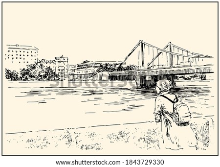 Embankment view with female and cityscape background. Summer day black and white hand drawing with pen and ink. Sketch style.
