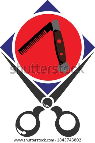 A Vector or logo with classic comb and scissors. Combined with red and blue design.
