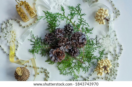 Preparation of a New Year's wreath. Ingredients for a Christmas wreath. Making a Christmas wreath step by step. New Year's decor.