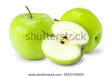 Whole and half slice of green granny smith apples isolated on white background. Royalty-Free Stock Photo #1843749004