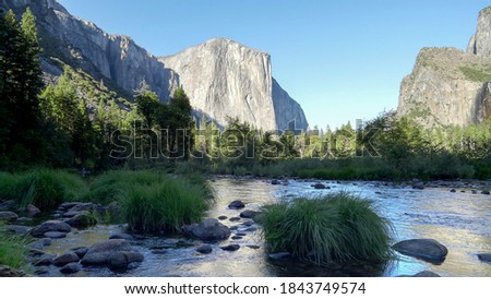an afternoon shot of el capitan, bridal veil falls and merced river, from valley view, at yosemite national park in california