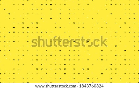 Seamless background pattern of evenly spaced black bow symbols of different sizes and opacity. Vector illustration on yellow background with stars