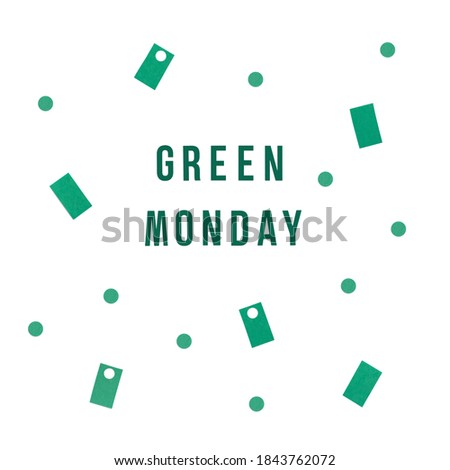 Green monday sale text on white and paper labels. Background for Winter Christmas offer. Shopping discount promotion.