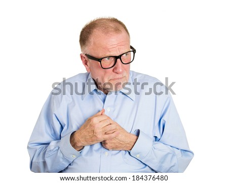 Closeup portrait, nerdy, funny, senior mature man with glasses, very timid, shy, anxious student, socially awkward employee avoiding eye contact isolated, white background. Facial expressions