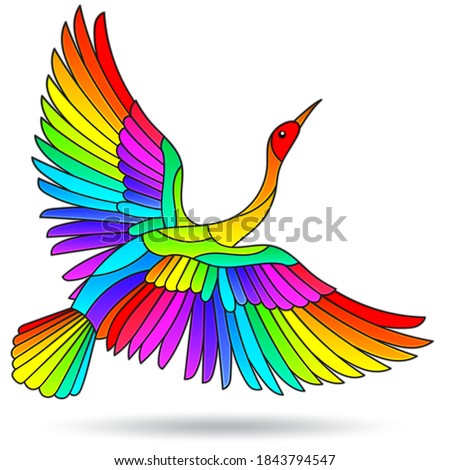 Illustration in stained glass style with a flying bright bird isolated on a white background