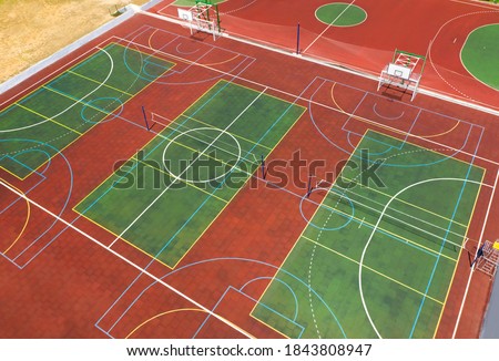 Outdoor sports complex on sunny day, aerial view