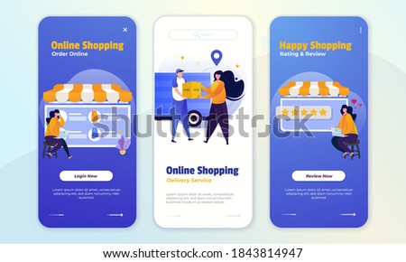 Online shopping illustration on the onboard screen with the concept of online orders, delivery services and providing reviews and ratings