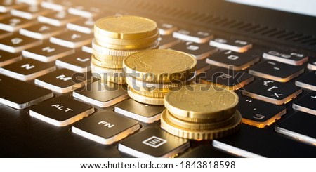 Rising coins on keyboard. Business concept. Finance