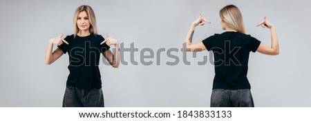 Black t-shirt on a young woman, front and back Royalty-Free Stock Photo #1843833133