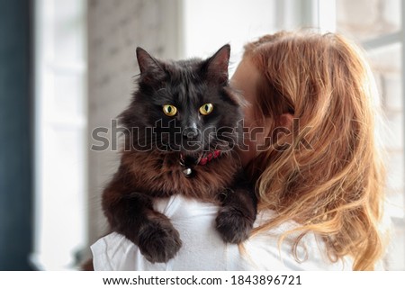 Cute domestic with yellow eyes black cat sitting on woman's shoulder at home