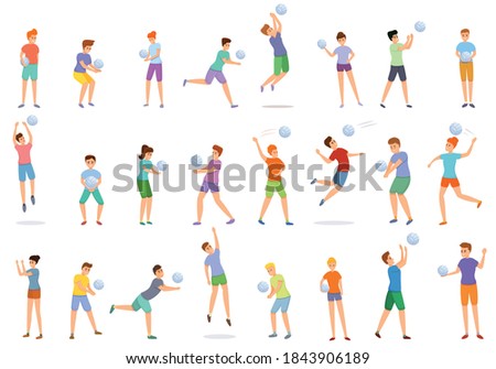 Kids playing volleyball icons set. Cartoon set of kids playing volleyball vector icons for web design