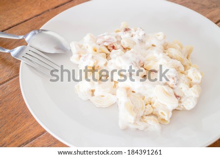 Closeup macaroni with pork ball and ham cheese, stock photo