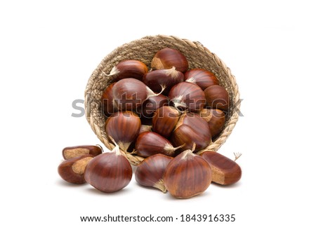 Fresh raw sweet chestnuts(Castanea sativa) in a wicker basket isolated on a white background Royalty-Free Stock Photo #1843916335