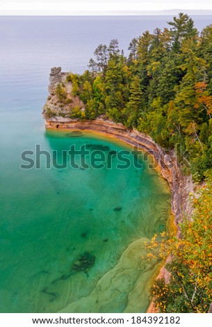 Miner's Castle is a rock formation jutting out into the clear waters of Lake Superior at Michigan's Pictured Rocks National Lakeshore.
