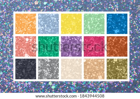 Creative photo collage on the theme of the trending colors of the season 2021. Color swatch on a glitter holographic background. 