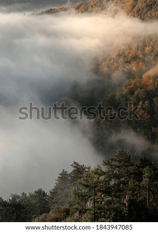 mysterious fog rising over a valley with a colorful autumn forest at sunrise in Blaubeuren a city in the swaibian alb in germany.